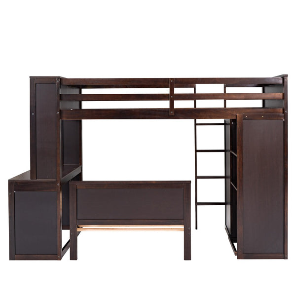 HomeRoots Espresso Solid Wood Twin Loft Bed with Integrated Desk, Shelves & Space-Saving Storage Solutions 606576
