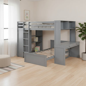 HomeRoots Gray Slat Solid Wood Loft Bed with Integrated Desk & Shelves - Space-Saving Design for Modern Living 606577