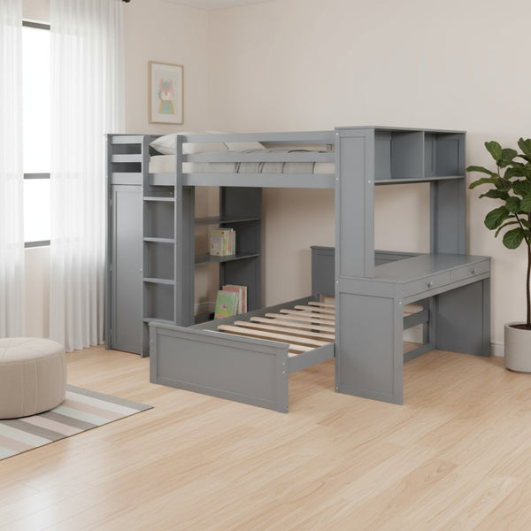 HomeRoots Gray Slat Solid Wood Loft Bed with Integrated Desk & Shelves - Space-Saving Design for Modern Living 606577
