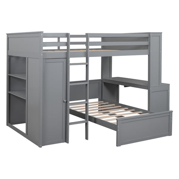 HomeRoots Gray Slat Solid Wood Loft Bed with Integrated Desk & Shelves - Space-Saving Design for Modern Living 606577