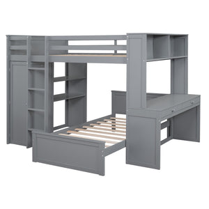 HomeRoots Gray Slat Solid Wood Loft Bed with Integrated Desk & Shelves - Space-Saving Design for Modern Living 606577