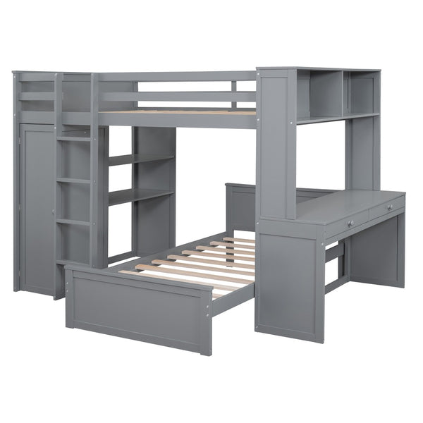 HomeRoots Gray Slat Solid Wood Loft Bed with Integrated Desk & Shelves - Space-Saving Design for Modern Living 606577
