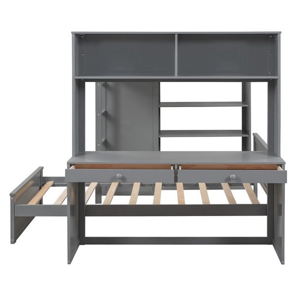 HomeRoots Gray Slat Solid Wood Loft Bed with Integrated Desk & Shelves - Space-Saving Design for Modern Living 606577