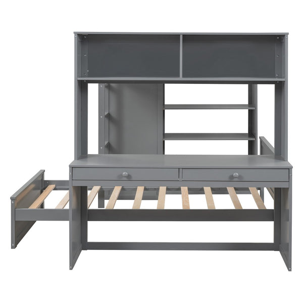 HomeRoots Gray Slat Solid Wood Loft Bed with Integrated Desk & Shelves - Space-Saving Design for Modern Living 606577