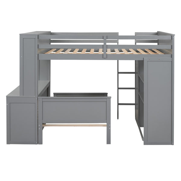 HomeRoots Gray Slat Solid Wood Loft Bed with Integrated Desk & Shelves - Space-Saving Design for Modern Living 606577