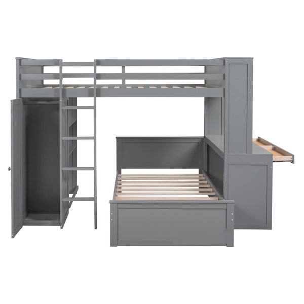 HomeRoots Gray Slat Solid Wood Loft Bed with Integrated Desk & Shelves - Space-Saving Design for Modern Living 606577