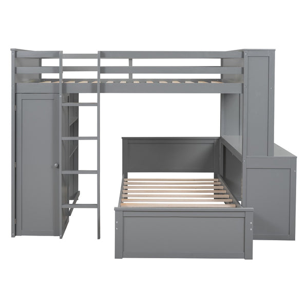 HomeRoots Gray Slat Solid Wood Loft Bed with Integrated Desk & Shelves - Space-Saving Design for Modern Living 606577