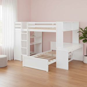 HomeRoots White Slat Solid Wood Full Double Loft Bed with Integrated Desk & Shelving for Space-Saving Style 606578