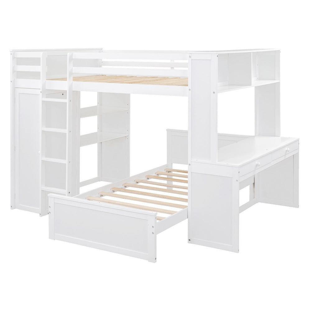 HomeRoots White Slat Solid Wood Full Double Loft Bed with Integrated Desk & Shelving for Space-Saving Style 606578