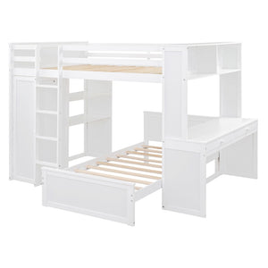 HomeRoots White Slat Solid Wood Full Double Loft Bed with Integrated Desk & Shelving for Space-Saving Style 606578
