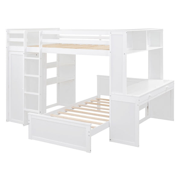 HomeRoots White Slat Solid Wood Full Double Loft Bed with Integrated Desk & Shelving for Space-Saving Style 606578
