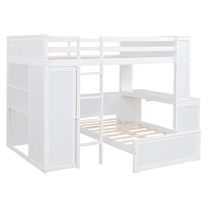 HomeRoots White Slat Solid Wood Full Double Loft Bed with Integrated Desk & Shelving for Space-Saving Style 606578