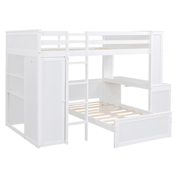 HomeRoots White Slat Solid Wood Full Double Loft Bed with Integrated Desk & Shelving for Space-Saving Style 606578