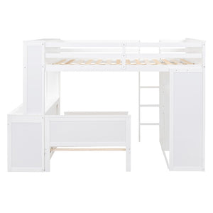 HomeRoots White Slat Solid Wood Full Double Loft Bed with Integrated Desk & Shelving for Space-Saving Style 606578