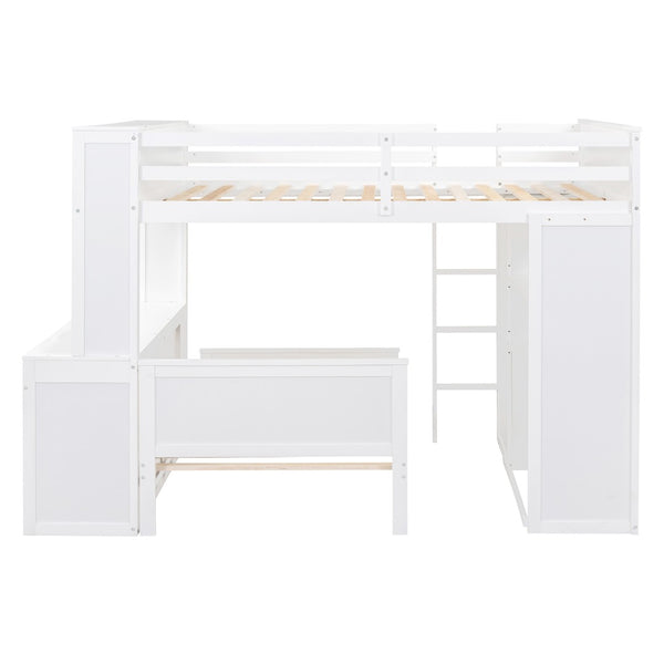 HomeRoots White Slat Solid Wood Full Double Loft Bed with Integrated Desk & Shelving for Space-Saving Style 606578