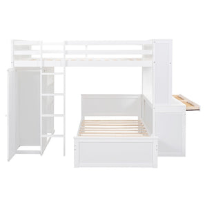 HomeRoots White Slat Solid Wood Full Double Loft Bed with Integrated Desk & Shelving for Space-Saving Style 606578