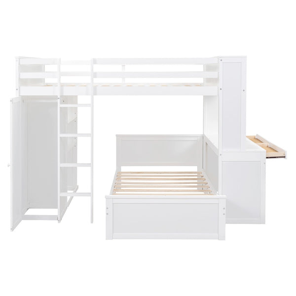 HomeRoots White Slat Solid Wood Full Double Loft Bed with Integrated Desk & Shelving for Space-Saving Style 606578