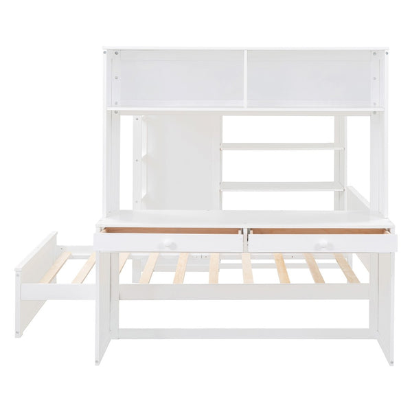 HomeRoots White Slat Solid Wood Full Double Loft Bed with Integrated Desk & Shelving for Space-Saving Style 606578