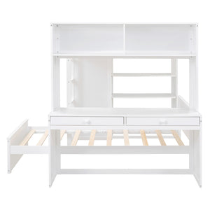 HomeRoots White Slat Solid Wood Full Double Loft Bed with Integrated Desk & Shelving for Space-Saving Style 606578