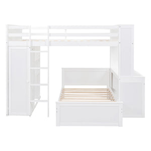 HomeRoots White Slat Solid Wood Full Double Loft Bed with Integrated Desk & Shelving for Space-Saving Style 606578