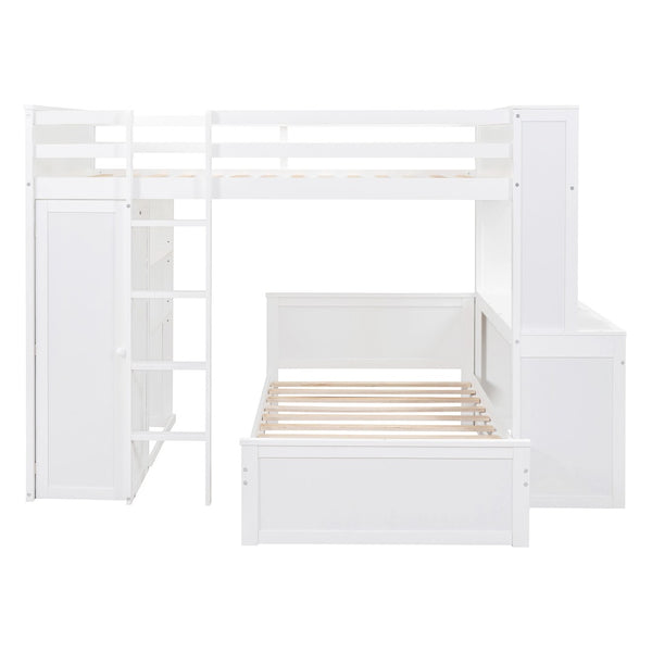 HomeRoots White Slat Solid Wood Full Double Loft Bed with Integrated Desk & Shelving for Space-Saving Style 606578