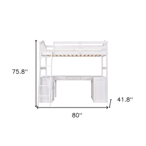HomeRoots White Slat Solid Wood Twin Loft Bed with Integrated Desk & Storage Shelves for Small Spaces 606580