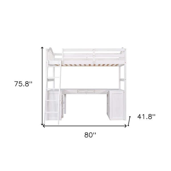HomeRoots White Slat Solid Wood Twin Loft Bed with Integrated Desk & Storage Shelves for Small Spaces 606580