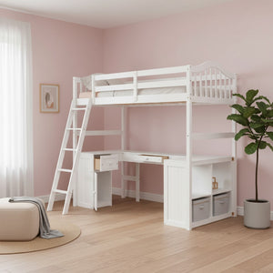 HomeRoots White Slat Solid Wood Twin Loft Bed with Integrated Desk & Storage Shelves for Small Spaces 606580