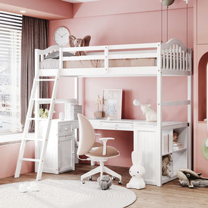 HomeRoots White Slat Solid Wood Twin Loft Bed with Integrated Desk & Storage Shelves for Small Spaces 606580