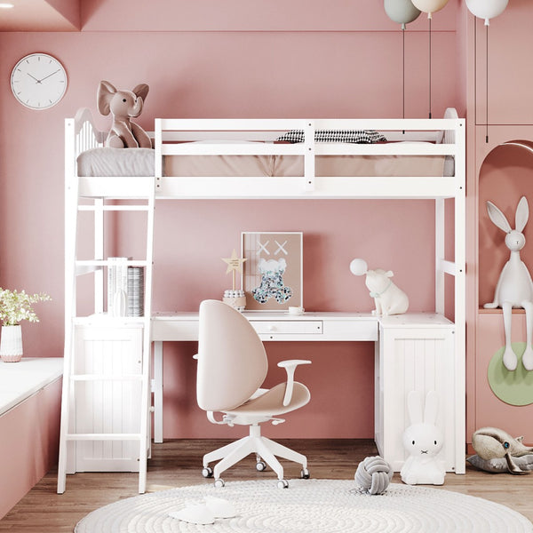 HomeRoots White Slat Solid Wood Twin Loft Bed with Integrated Desk & Storage Shelves for Small Spaces 606580
