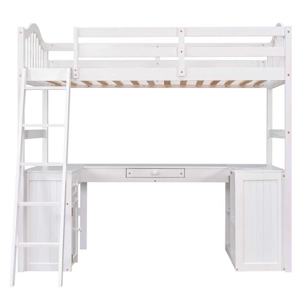 HomeRoots White Slat Solid Wood Twin Loft Bed with Integrated Desk & Storage Shelves for Small Spaces 606580