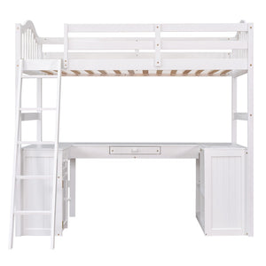 HomeRoots White Slat Solid Wood Twin Loft Bed with Integrated Desk & Storage Shelves for Small Spaces 606580
