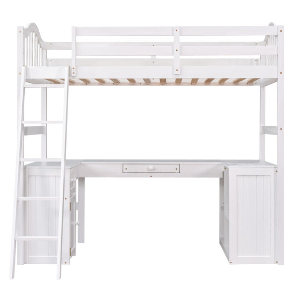 HomeRoots White Slat Solid Wood Twin Loft Bed with Integrated Desk & Storage Shelves for Small Spaces 606580