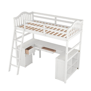 HomeRoots White Slat Solid Wood Twin Loft Bed with Integrated Desk & Storage Shelves for Small Spaces 606580