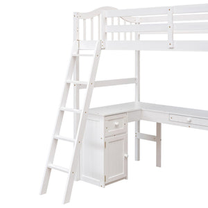 HomeRoots White Slat Solid Wood Twin Loft Bed with Integrated Desk & Storage Shelves for Small Spaces 606580