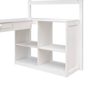 HomeRoots White Slat Solid Wood Twin Loft Bed with Integrated Desk & Storage Shelves for Small Spaces 606580
