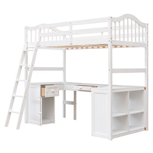 HomeRoots White Slat Solid Wood Twin Loft Bed with Integrated Desk & Storage Shelves for Small Spaces 606580