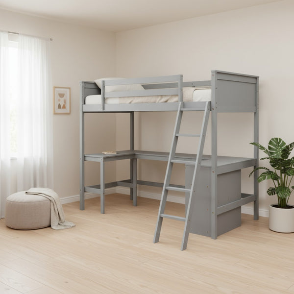 HomeRoots Gray Twin Loft Bed with Desk & Shelves - Space-Saving Solid Wood Design Perfect for Kids & Teens 606581