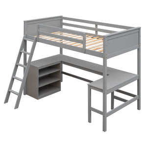 HomeRoots Gray Twin Loft Bed with Desk & Shelves - Space-Saving Solid Wood Design Perfect for Kids & Teens 606581