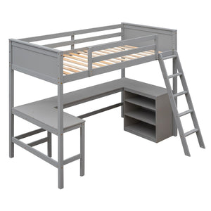 HomeRoots Gray Twin Loft Bed with Desk & Shelves - Space-Saving Solid Wood Design Perfect for Kids & Teens 606581