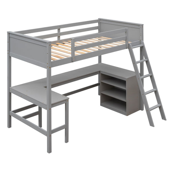 HomeRoots Gray Twin Loft Bed with Desk & Shelves - Space-Saving Solid Wood Design Perfect for Kids & Teens 606581