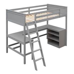 HomeRoots Gray Twin Loft Bed with Desk & Shelves - Space-Saving Solid Wood Design Perfect for Kids & Teens 606581