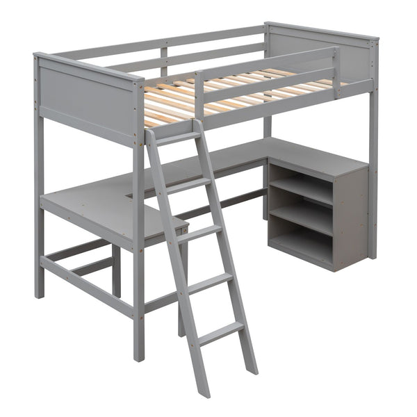 HomeRoots Gray Twin Loft Bed with Desk & Shelves - Space-Saving Solid Wood Design Perfect for Kids & Teens 606581