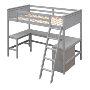 HomeRoots Gray Twin Loft Bed with Desk & Shelves - Space-Saving Solid Wood Design Perfect for Kids & Teens 606581