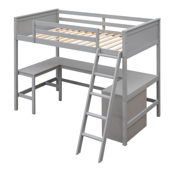 HomeRoots Gray Twin Loft Bed with Desk & Shelves - Space-Saving Solid Wood Design Perfect for Kids & Teens 606581