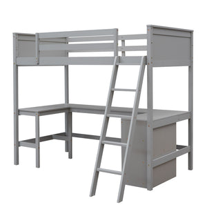 HomeRoots Gray Twin Loft Bed with Desk & Shelves - Space-Saving Solid Wood Design Perfect for Kids & Teens 606581