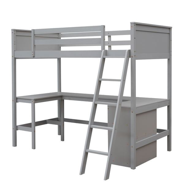 HomeRoots Gray Twin Loft Bed with Desk & Shelves - Space-Saving Solid Wood Design Perfect for Kids & Teens 606581