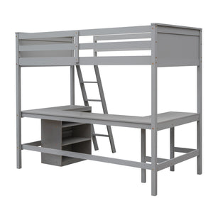 HomeRoots Gray Twin Loft Bed with Desk & Shelves - Space-Saving Solid Wood Design Perfect for Kids & Teens 606581