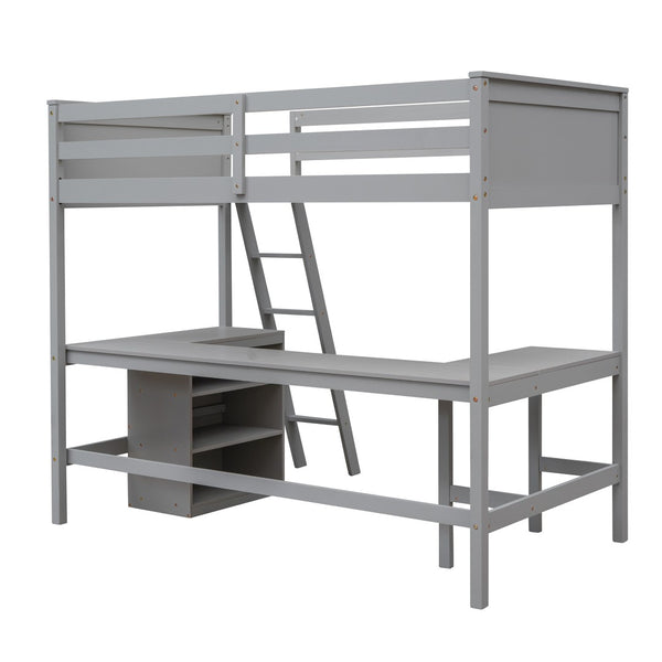 HomeRoots Gray Twin Loft Bed with Desk & Shelves - Space-Saving Solid Wood Design Perfect for Kids & Teens 606581
