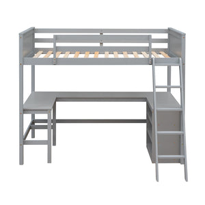 HomeRoots Gray Twin Loft Bed with Desk & Shelves - Space-Saving Solid Wood Design Perfect for Kids & Teens 606581